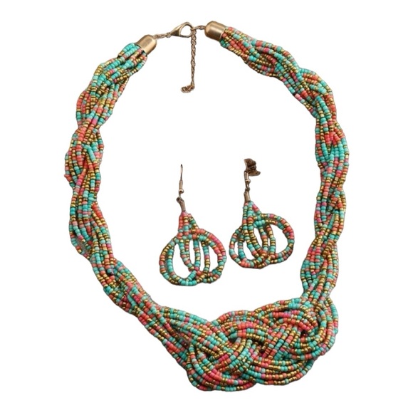 Jewelry - Bohemian Multi-Color Block Beaded Necklace & Drop Earrings Set